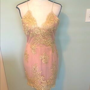 Love & Other Things NWT Elegant Gold and Pink Lace Dress sz L